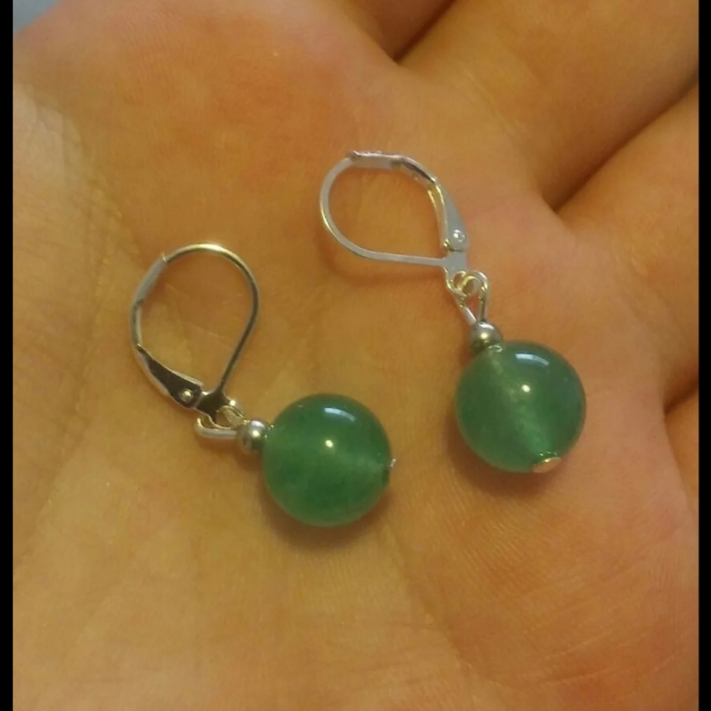 Sterling Silver Green Ball Jade Drop Earrings